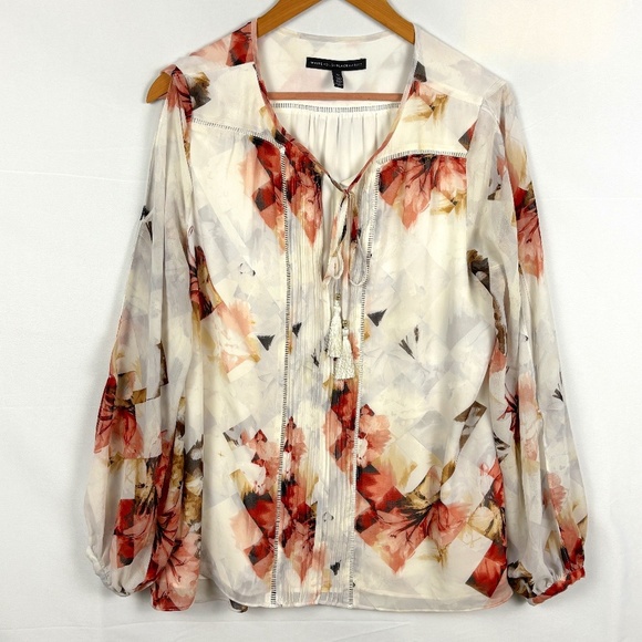 White House Black Market Women Long Split Sleeve Blouse Sz 12 Romantic Date - Picture 3 of 13